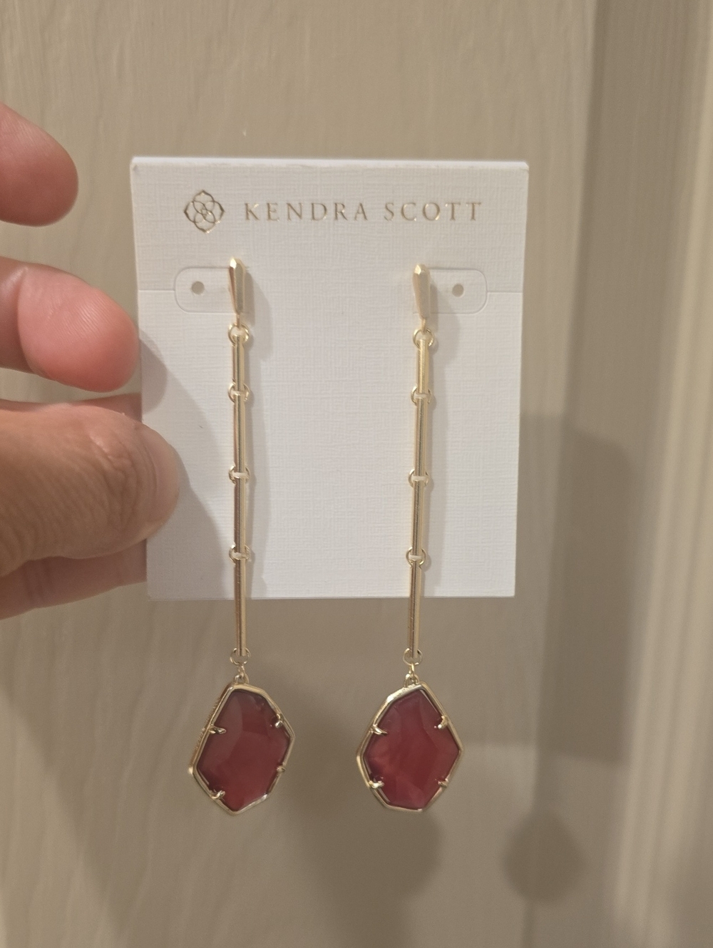 Kendra Scott Gold Linear Drop Earrings with Rose-Pink Stones